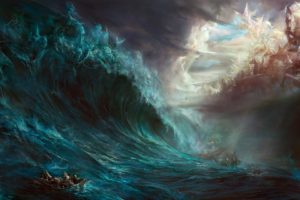 painting, Waves, Fantasy art, Horse, Boat, Clouds, Sea