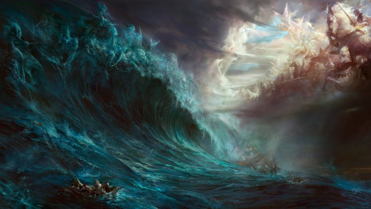 painting, Waves, Fantasy art, Horse, Boat, Clouds, Sea HD Wallpaper Desktop Background