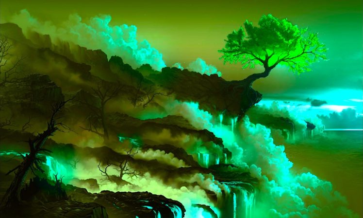 digital art, Nature, Lava, Cherry blossom, Fantasy art, Smoke HD Wallpaper Desktop Background