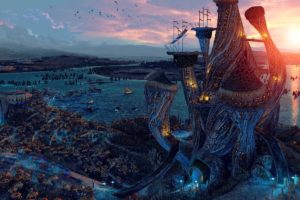 fantasy art, Digital art, Sunset, River, The Elder Scrolls III: Morrowind
