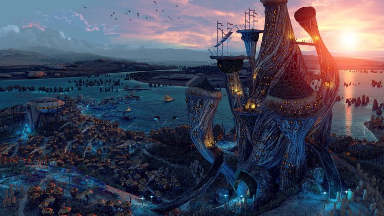 fantasy art, Digital art, Sunset, River, The Elder Scrolls III: Morrowind HD Wallpaper Desktop Background