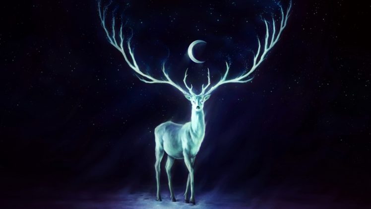 artwork, Crescent moon, Painting, Deer, Antlers, Stags, Fantasy art HD Wallpaper Desktop Background