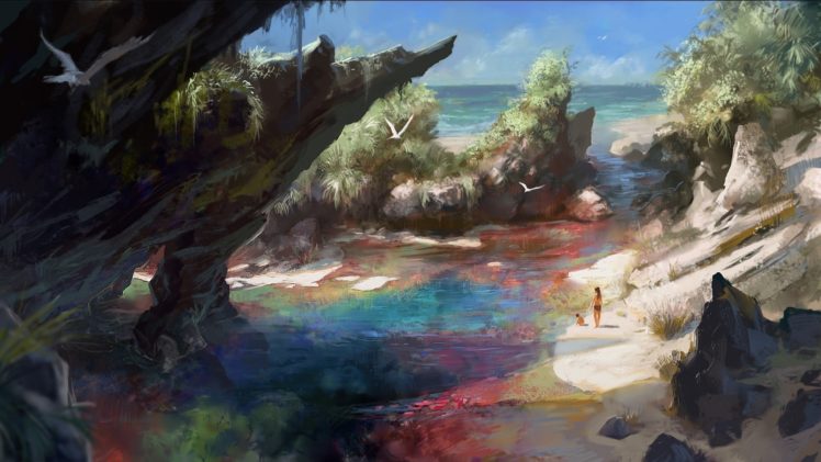 artwork, Fantasy art, Beach, Colorful, Sea, Nature HD Wallpaper Desktop Background
