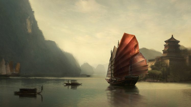 boat, River, Fantasy art HD Wallpaper Desktop Background
