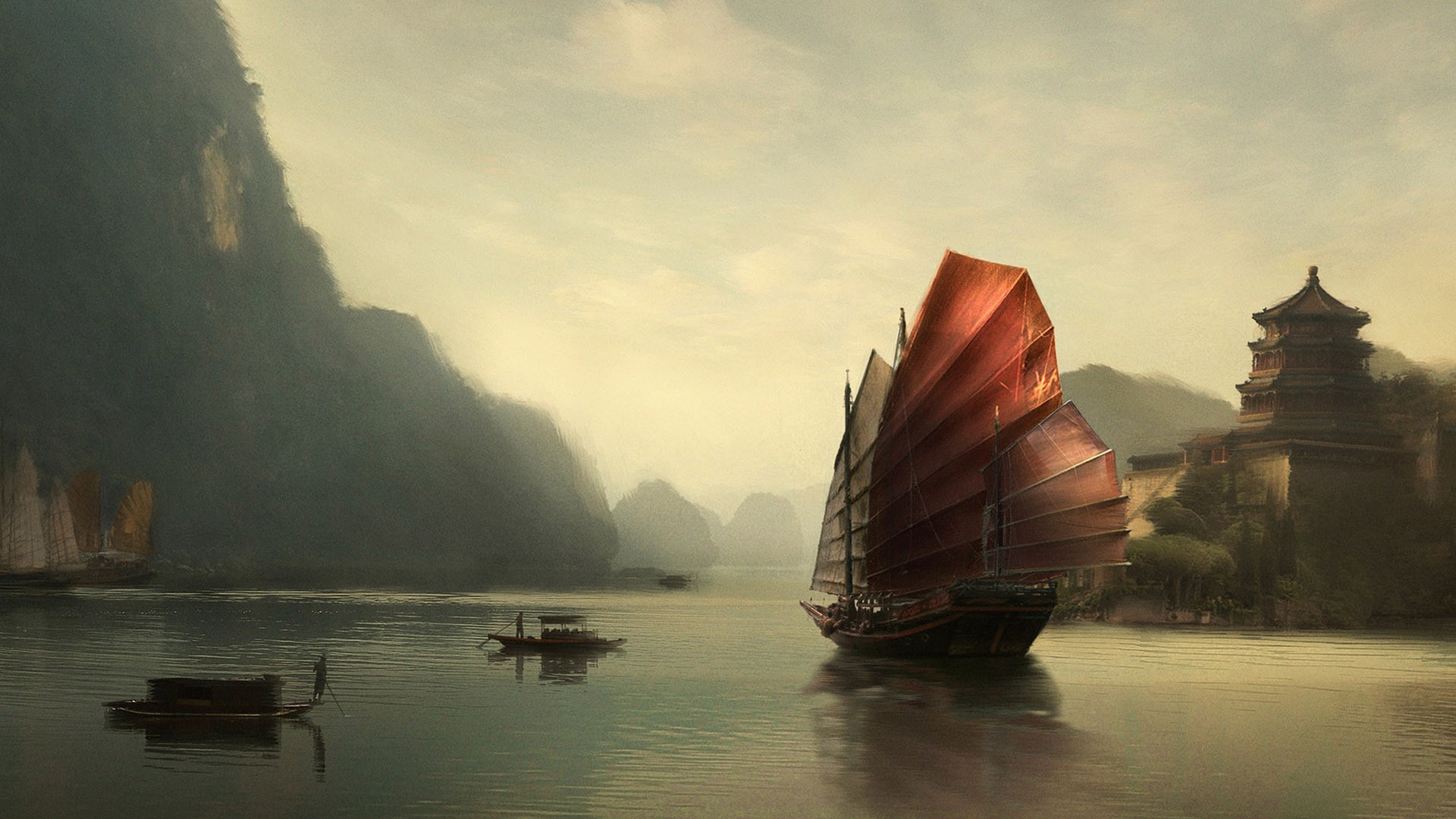 boat, River, Fantasy art Wallpaper