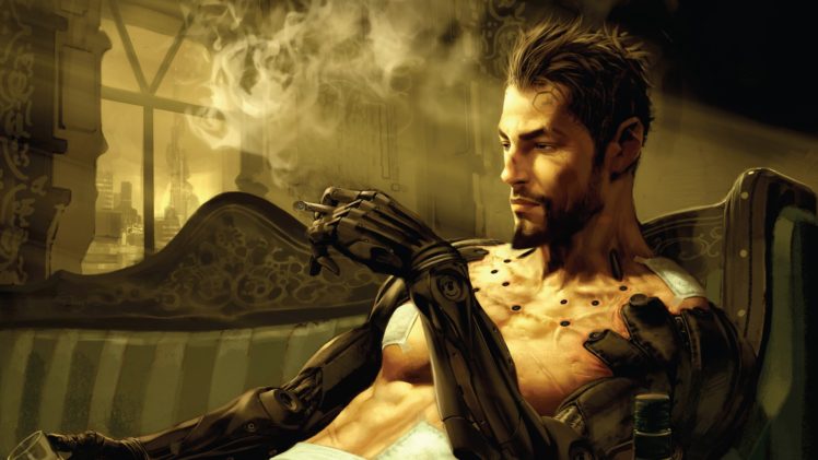 Adam Jensen, Men, Futuristic, Deus Ex: Human Revolution, Deus Ex, Cyberpunk, Fantasy art, Video games, Science fiction, Alcohol, Bionics HD Wallpaper Desktop Background