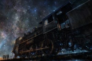 train, Sky, Stars, Group of people, Digital art