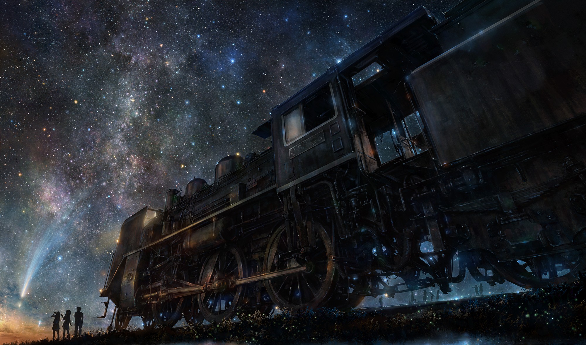 train, Sky, Stars, Group of people, Digital art Wallpaper
