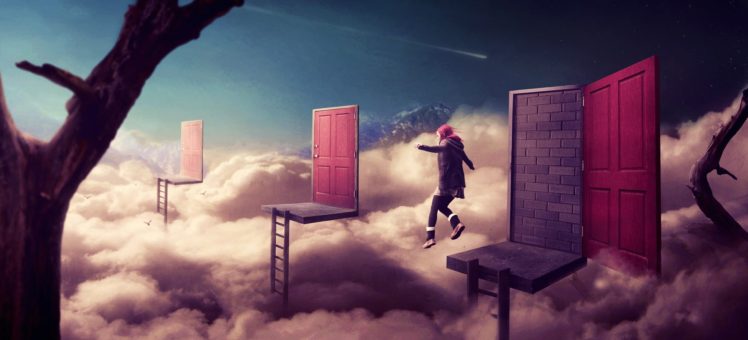 fantasy art, Surreal, Jumping, Door, Ladders, Trees HD Wallpaper Desktop Background