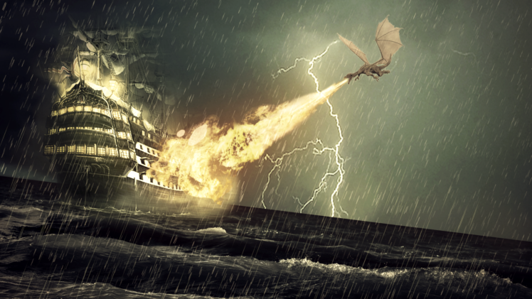 dragon, Ship, Storm, Rain HD Wallpaper Desktop Background