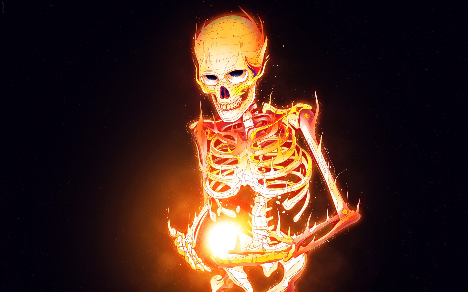 fire, Skeleton, Digital art, Matei Apostolescu Wallpaper
