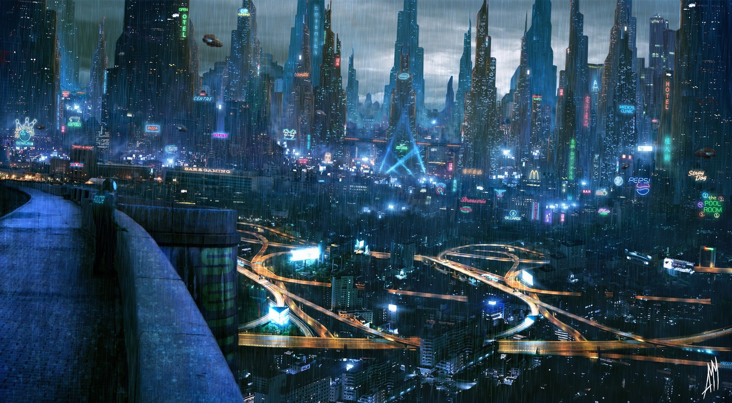 futuristic, City, Artwork, Cityscape, Digital art, Lights, Rain, Night, Skyscraper Wallpaper