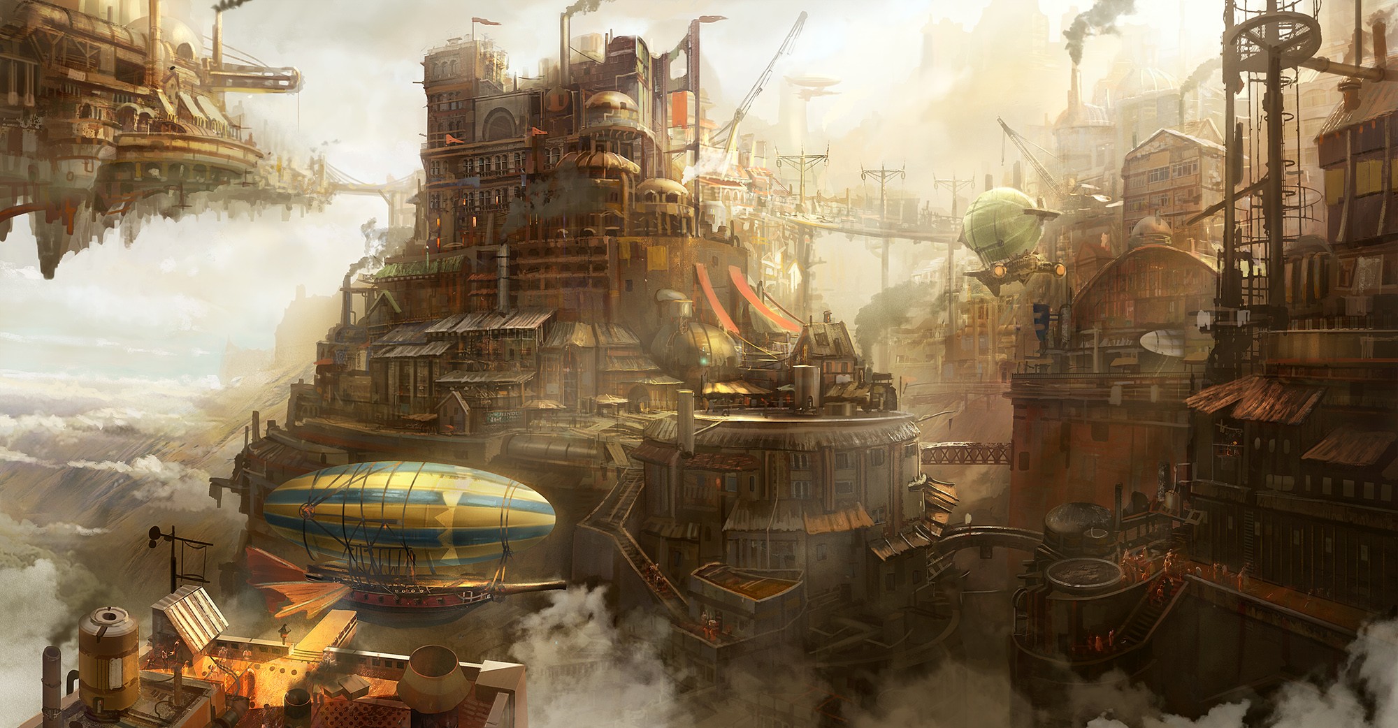 steampunk, Airships, Clouds, Digital art, City Wallpaper