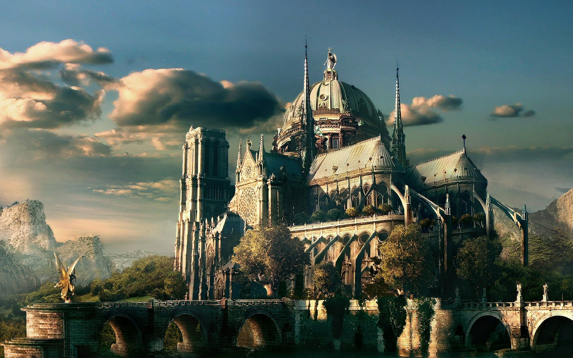 digital art, Architecture, Cathedral, Building, Trees, Bridge Wallpaper