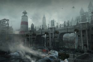 science fiction, Digital art, Lighthouse, Ruin, Apocalyptic, Gloomy, Urban, Bridge