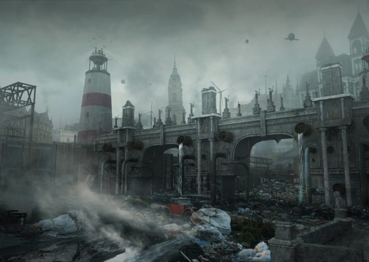 science fiction, Digital art, Lighthouse, Ruin, Apocalyptic, Gloomy, Urban, Bridge HD Wallpaper Desktop Background