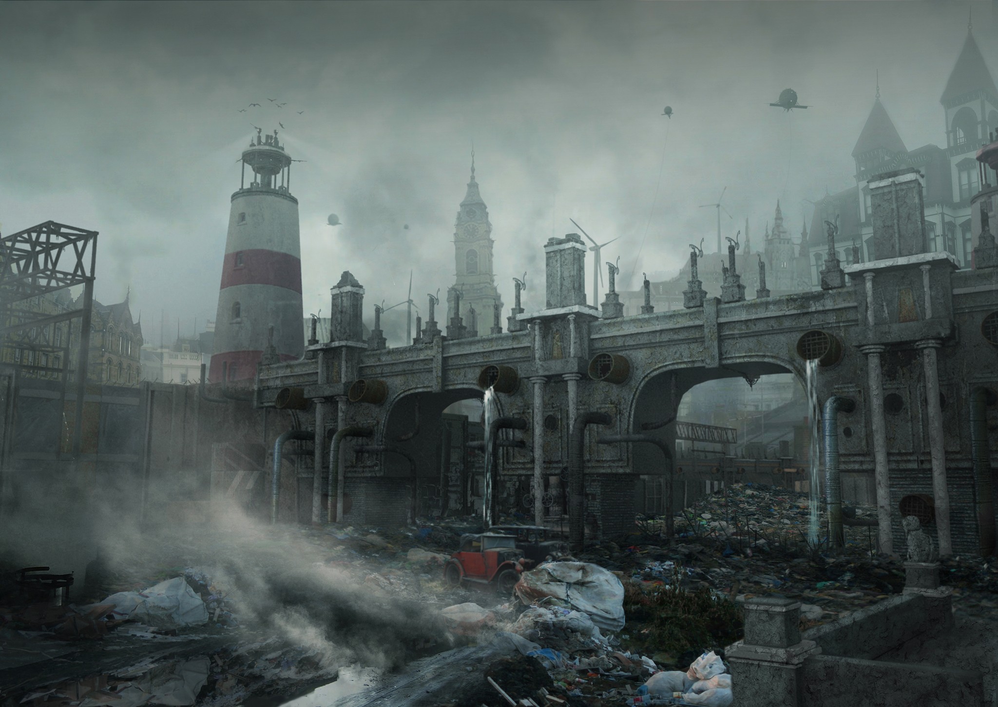 science fiction, Digital art, Lighthouse, Ruin, Apocalyptic, Gloomy, Urban, Bridge Wallpaper