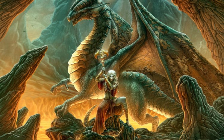 female drow, Dragon, Fantasy art HD Wallpaper Desktop Background