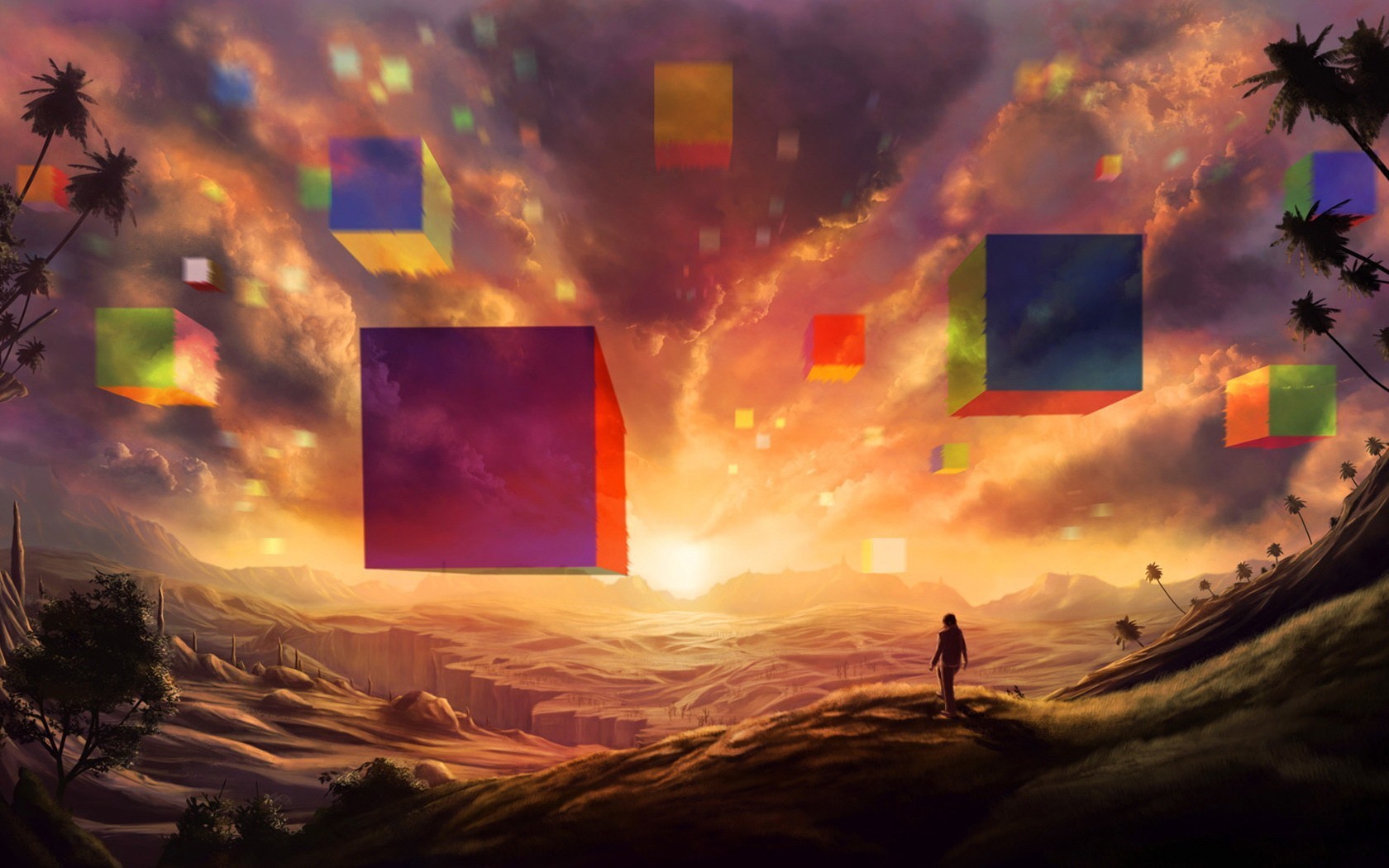 cube, Floating, Fantasy art, Silhouette, Landscape, Colorful, Sunlight Wallpaper