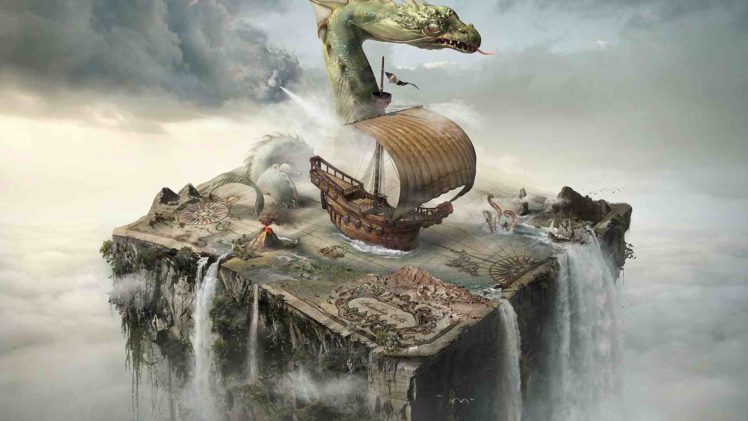 surreal, Map, Dragon, Boat HD Wallpaper Desktop Background