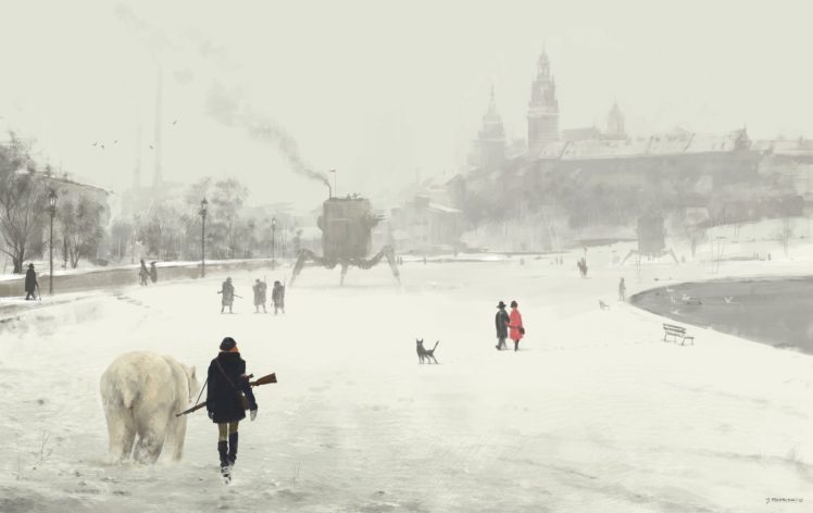 steampunk, Futuristic, Snow, Dystopian, Polar bears, Artwork, Painting, Winter, Russia HD Wallpaper Desktop Background