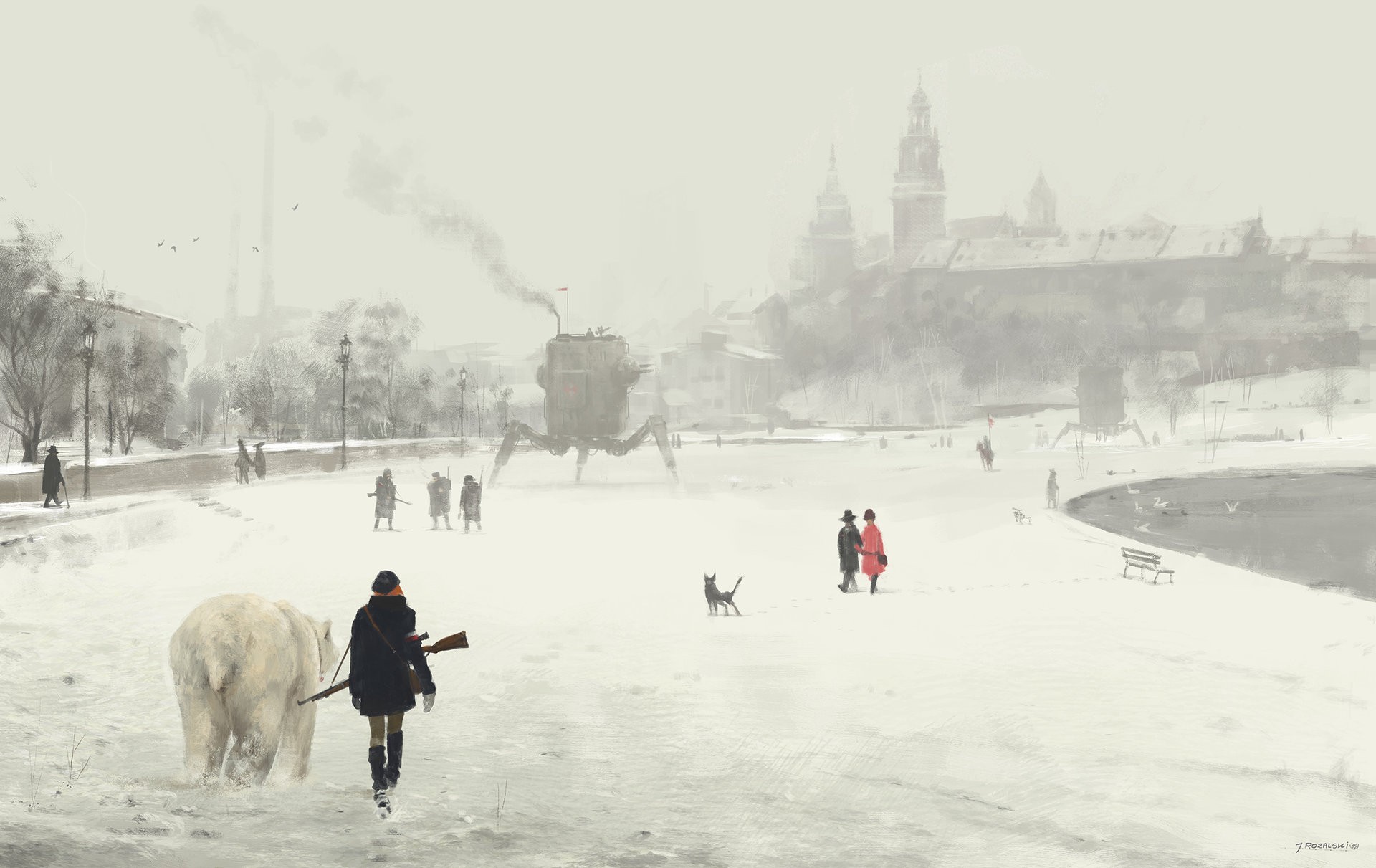 steampunk, Futuristic, Snow, Dystopian, Polar bears, Artwork, Painting, Winter, Russia Wallpaper