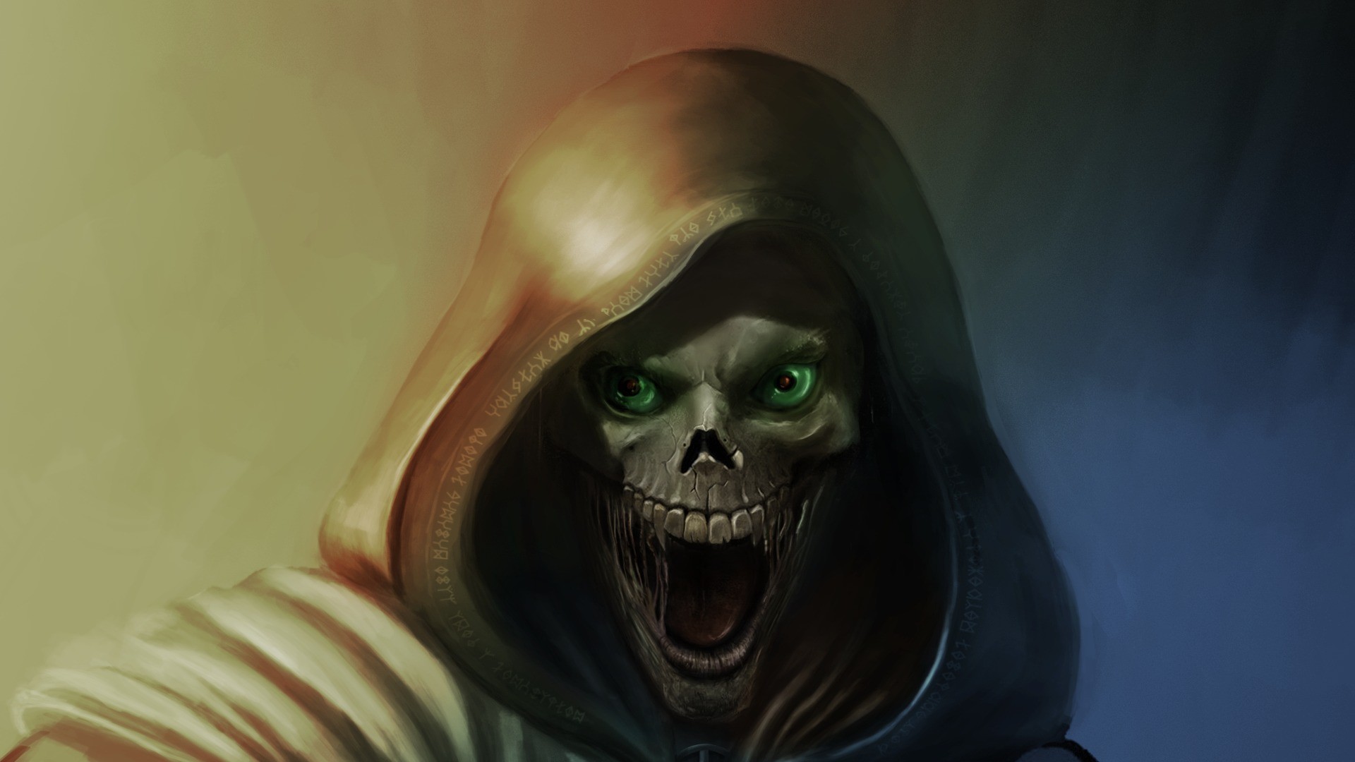 artwork, Digital art, Drawing, Skull, Grim Reaper, Open mouth, Teeth, Green eyes, Hoods Wallpaper