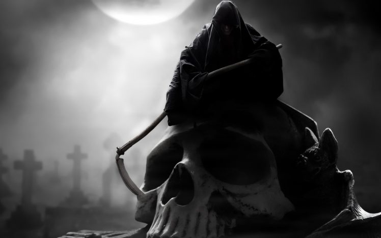artwork, Digital art, Drawing, Skull, Grim Reaper, Scythe, Coats, Cross, Grave, Creature, Smiling HD Wallpaper Desktop Background