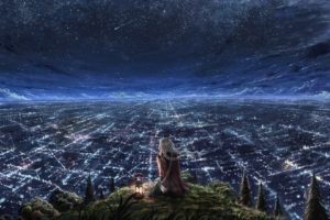 cityscape, Stars, Anime girls, Lantern, Sky, Fantasy art