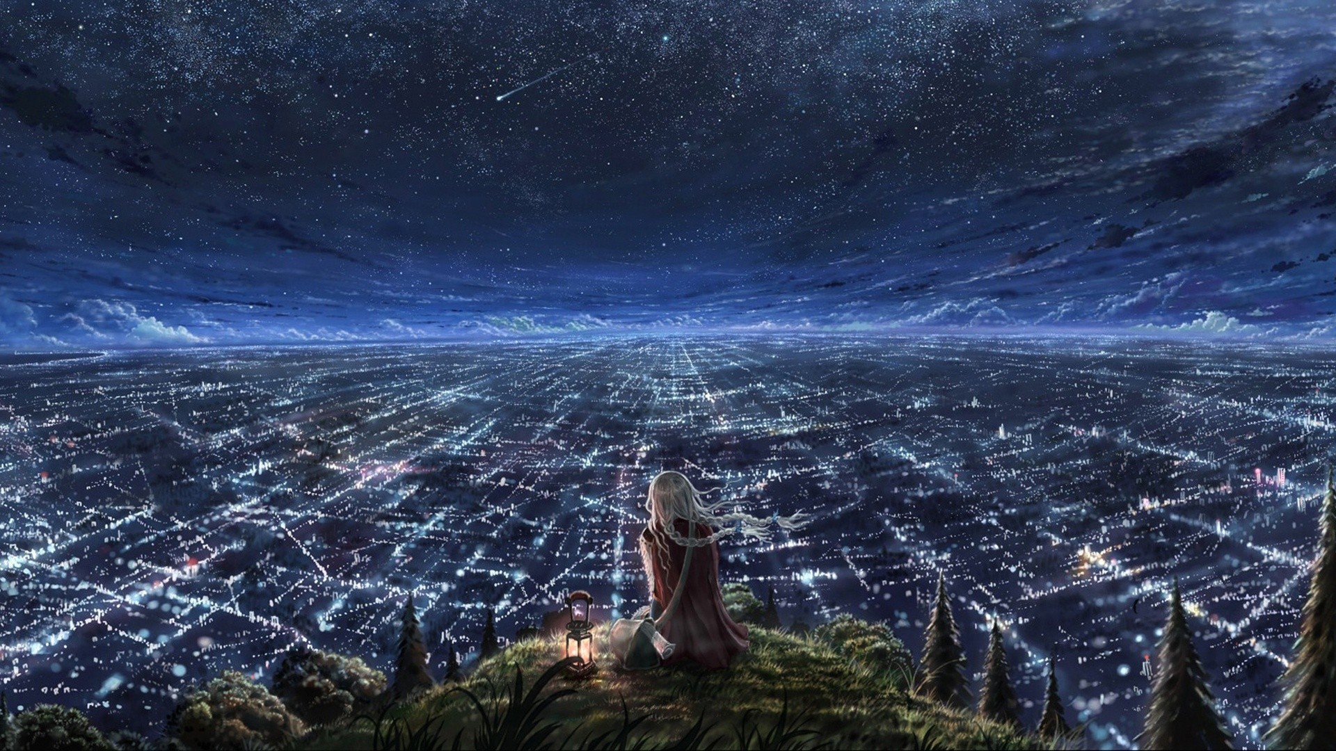 cityscape, Stars, Anime girls, Lantern, Sky, Fantasy art Wallpaper