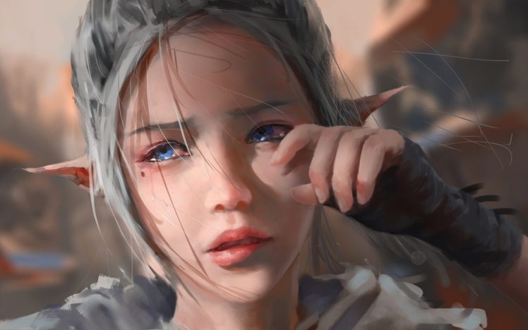 elves, Blue eyes, Grey hair, WLOP, Pointed ears, Tears, Crying, Fantasy art, Painting HD Wallpaper Desktop Background