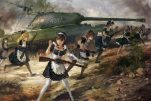 French Maid, Anime, Maid outfit, War, Maid, Fantasy art, IS 3, Tank, Anime girls