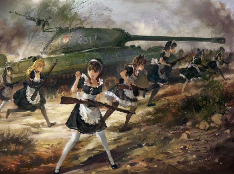 French Maid, Anime, Maid outfit, War, Maid, Fantasy art, IS 3, Tank, Anime girls HD Wallpaper Desktop Background