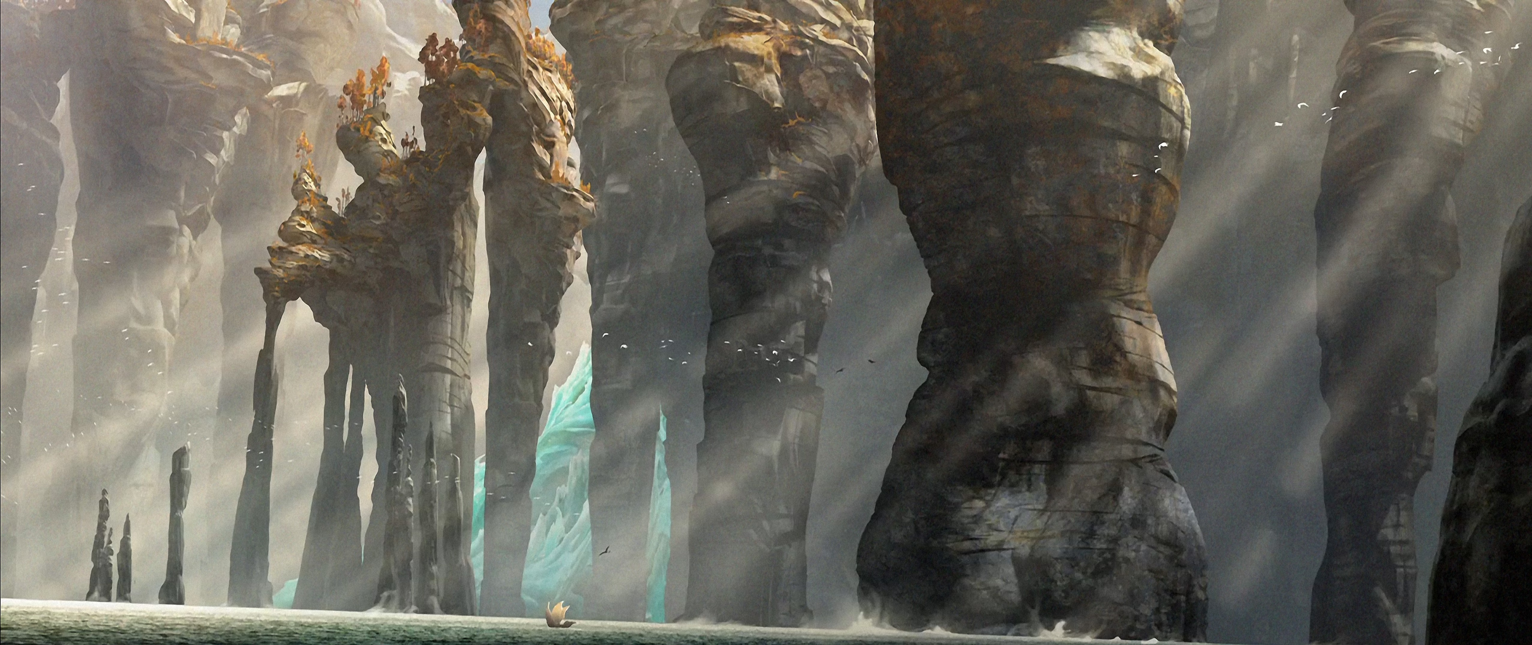 How to Train Your Dragon 2, Concept art, Rock formation, Ship, Sun rays Wallpaper