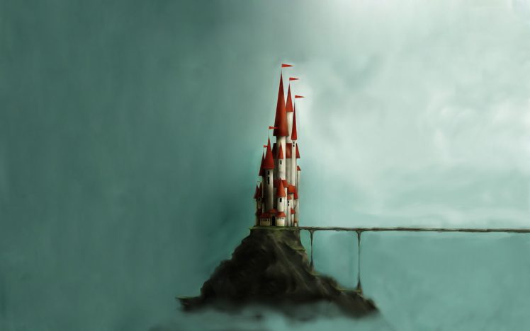 castle, Digital art, Mountain, Minimalism, Bridge, Clouds HD Wallpaper Desktop Background