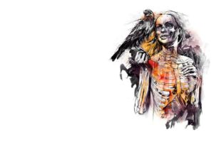 digital art, Skeleton, Death, Women, Face, Drawing, Crow, Raven, Birds, Bones, White  background