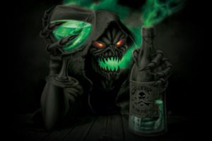 digital art, Skull, Skeleton, Grim Reaper, Death, Red eyes, Glasses, Bottles