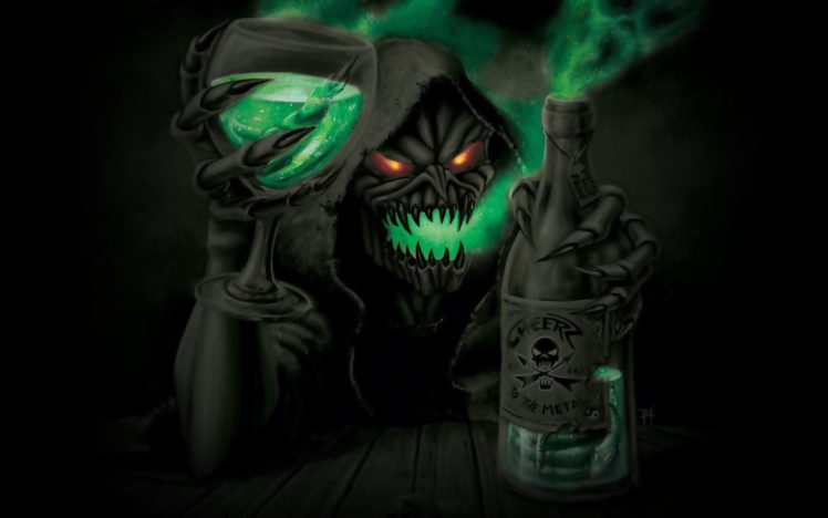 digital art, Skull, Skeleton, Grim Reaper, Death, Red eyes, Glasses, Bottles HD Wallpaper Desktop Background