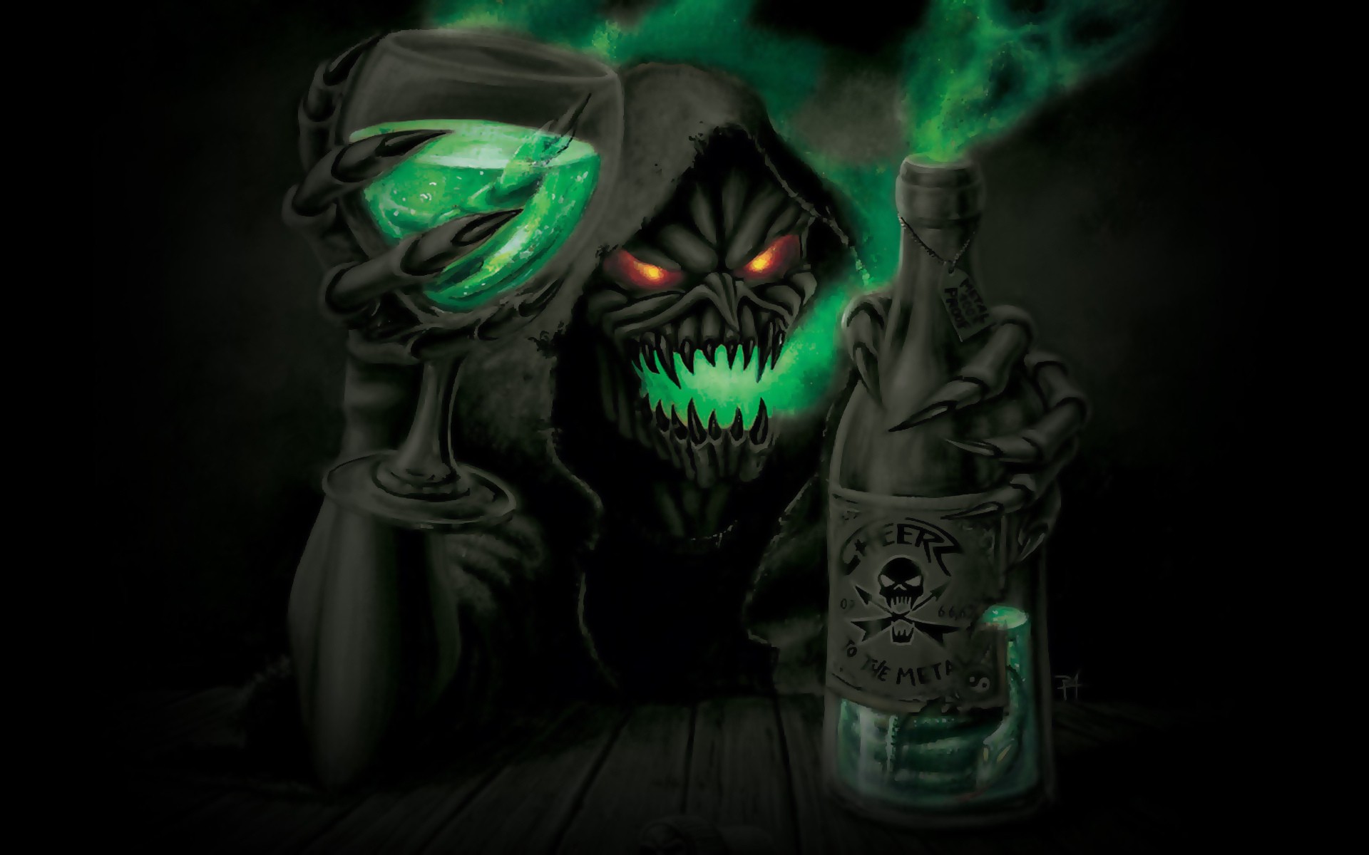 digital art, Skull, Skeleton, Grim Reaper, Death, Red eyes, Glasses, Bottles Wallpaper