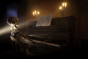 digital art, Skull, Skeleton, Death, Open mouth, Piano, Playing, Sun rays, 3D, Candles, Chair, Sitting