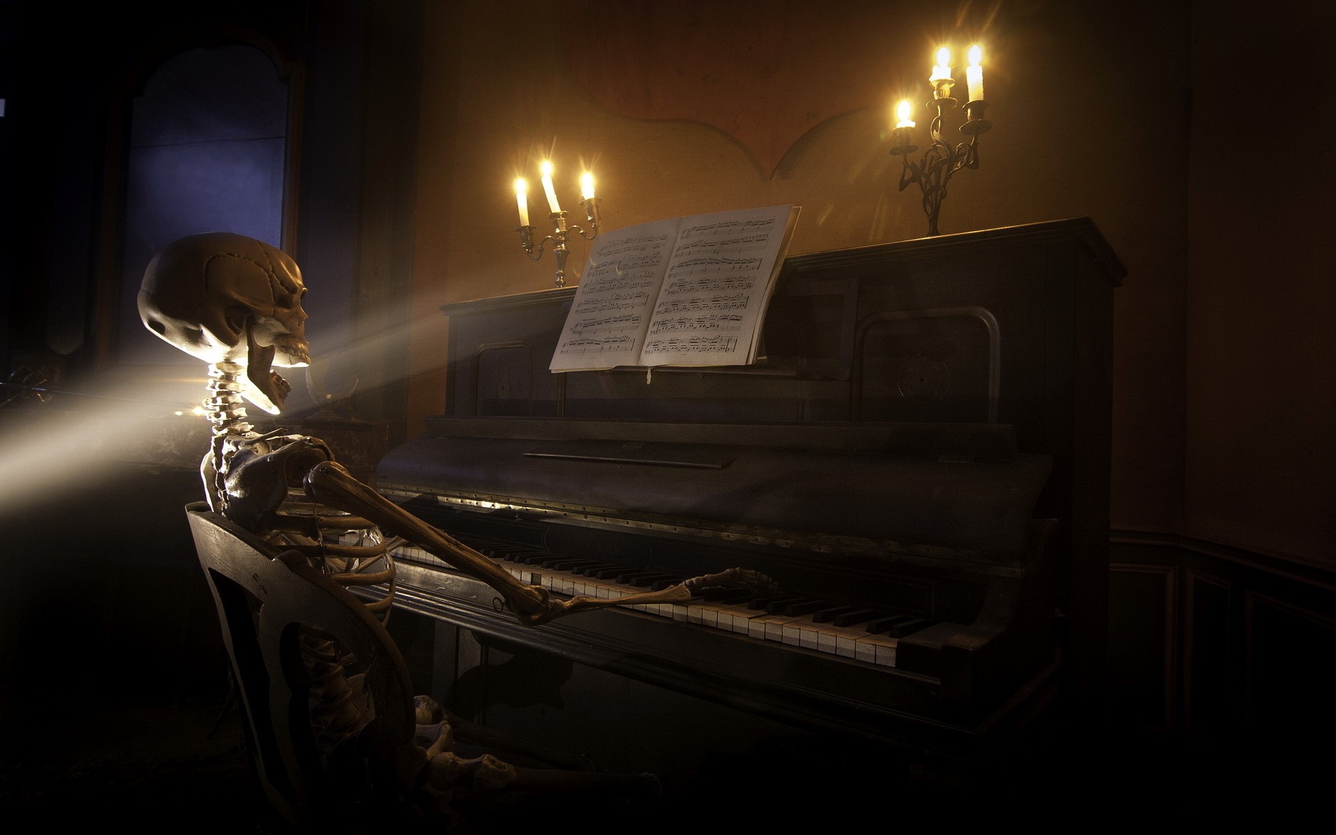digital art, Skull, Skeleton, Death, Open mouth, Piano, Playing, Sun rays, 3D, Candles, Chair, Sitting Wallpaper