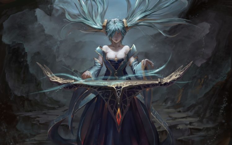 blue hair, Sona (League of Legends), Anime, Piano, League of Legends, Cave, Musical instrument, Fantasy art HD Wallpaper Desktop Background