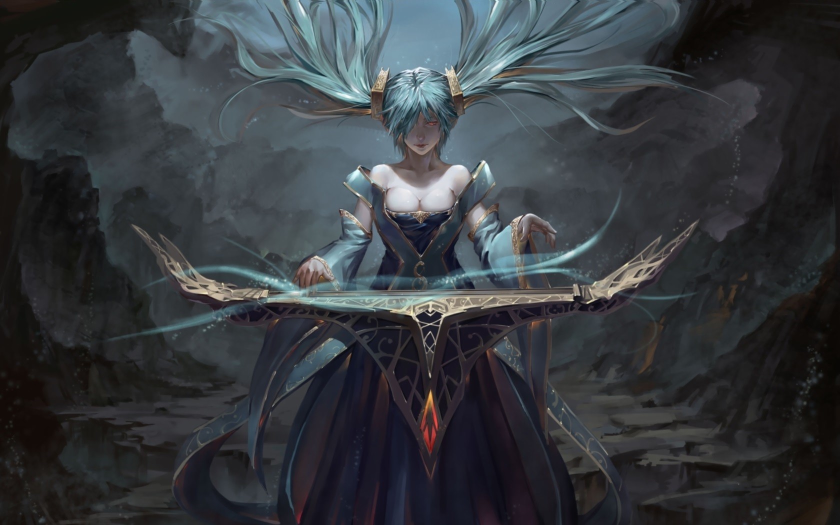 blue hair, Sona (League of Legends), Anime, Piano, League of Legends, Cave, Musical instrument, Fantasy art Wallpaper