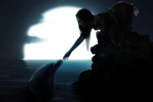 dolphin, Fantasy girl, Moon, Fantasy art