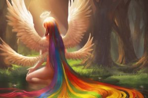 fantasy art, Angel, Forest, Rainbows, Sexy