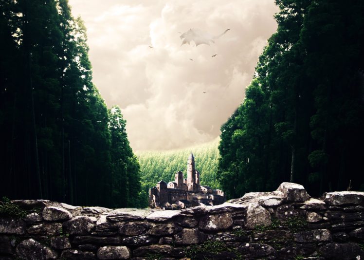 castle, Dragon, Trees HD Wallpaper Desktop Background