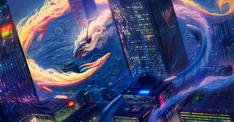 cityscape, Dragon, Blue, Yellow, Fire, Water HD Wallpaper Desktop Background