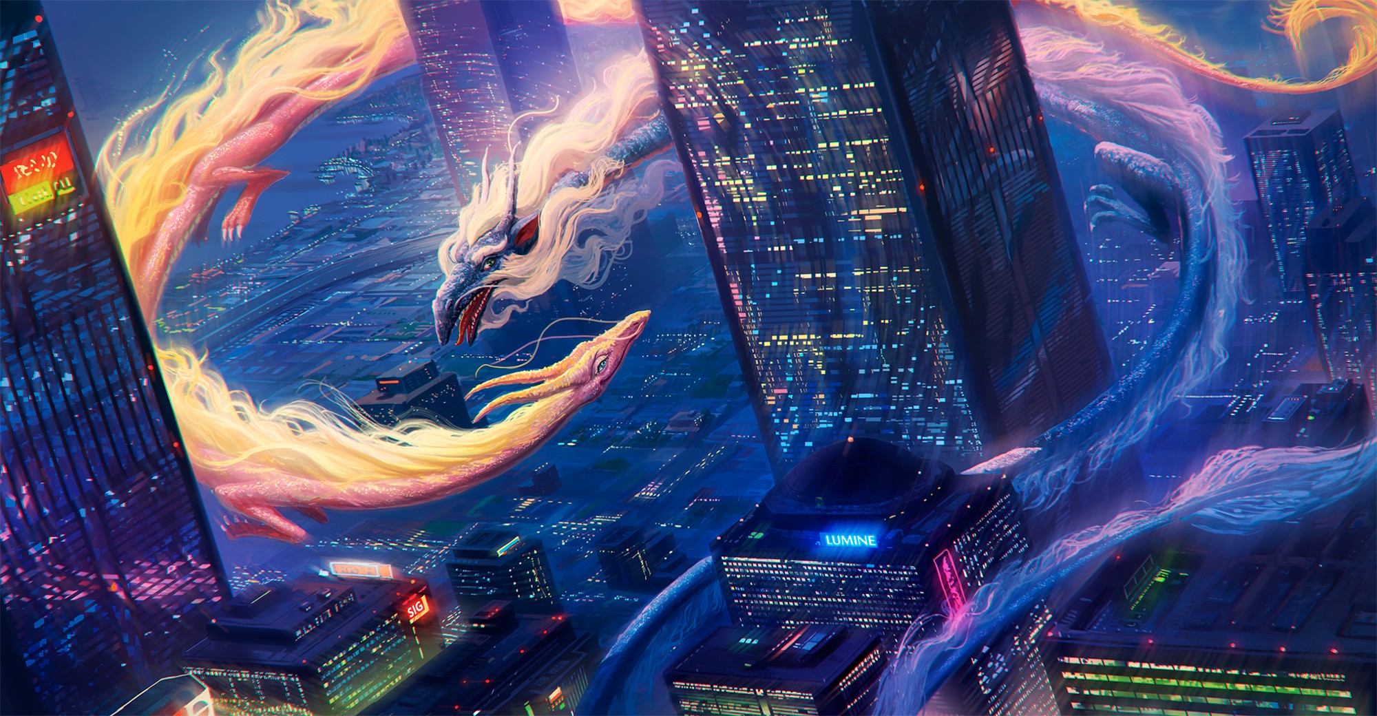 cityscape, Dragon, Blue, Yellow, Fire, Water Wallpaper
