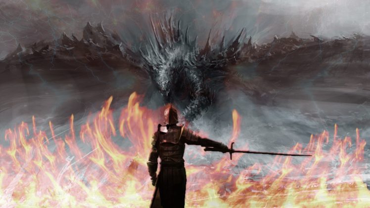 warrior, Dragon, Fire, Sword, Battle, Monster (anime) HD Wallpaper Desktop Background