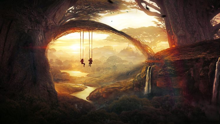 Sunny, Trees, Fantasy art, Waterfall, Children, Swings, Lake, Stream, River HD Wallpaper Desktop Background